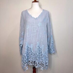 SOFT SURROUNDINGS Linen Blend Tunic LG Cotton Lining Lt Blue Embroidery Lace